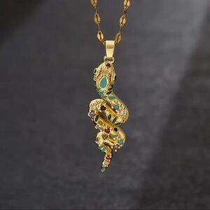 Gold Snake Pendant Necklace Rhinestone & Enamel Serpent Statement Chain NWT